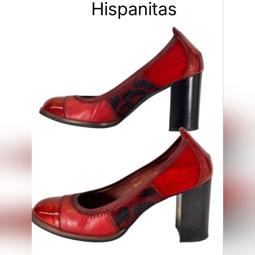 NWOT Hispanitas Women's Red Leather Block Heels With Fur Detail Sz 37.5